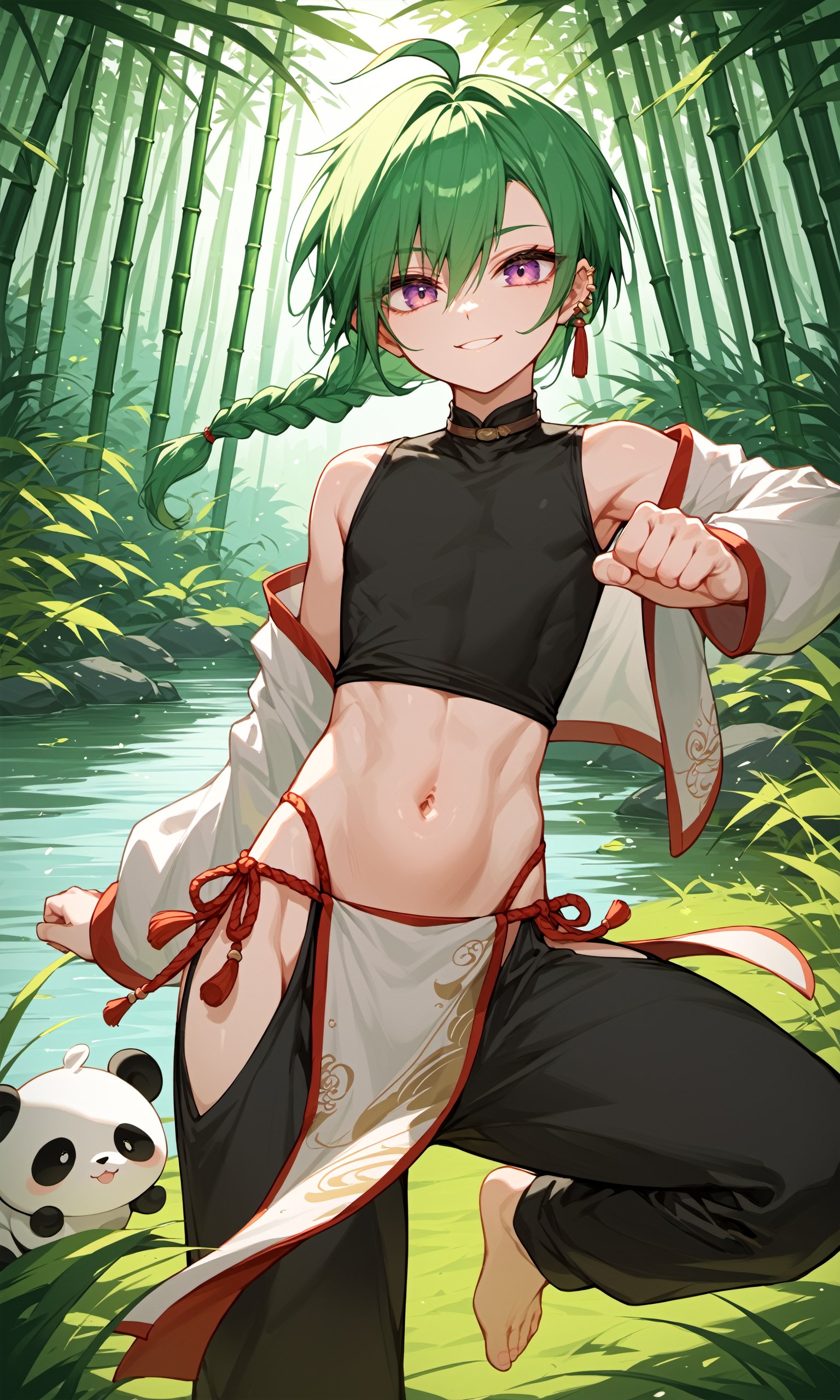 score_9, score_8_up, score_7_up, score_6_up, score_5_up, score_4_up,ExpressiveH,r01, 1other, androgynous, flat chest, green hair,ahoge, ear piercing, purple eyes, braid, single braid, crop top, chinese clothes, off shoulder, midriff, navel, pelvic curtain, pants, expressionless, smile, looking at viewer,outdoors,bamboo forest,panda,kicking,foot,lake