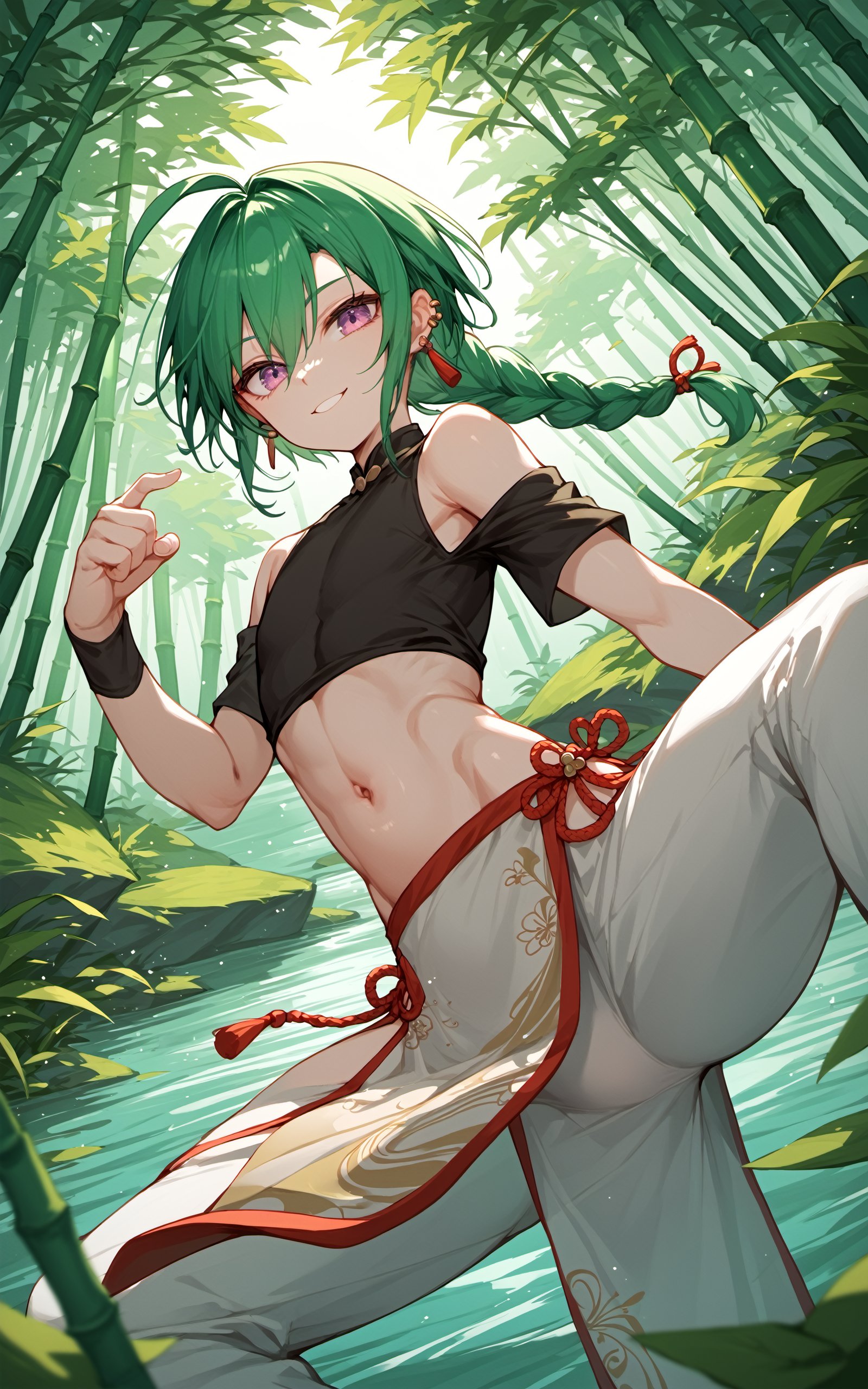 score_9, score_8_up, score_7_up, score_6_up, score_5_up, score_4_up,ExpressiveH,r01, 1other, androgynous, flat chest, green hair,ahoge, ear piercing, purple eyes, braid, single braid, crop top, chinese clothes, off shoulder, midriff, navel, pelvic curtain, pants, expressionless, smile, looking at viewer,outdoors,bamboo forest,panda,kicking,foot_focus,lake,from below