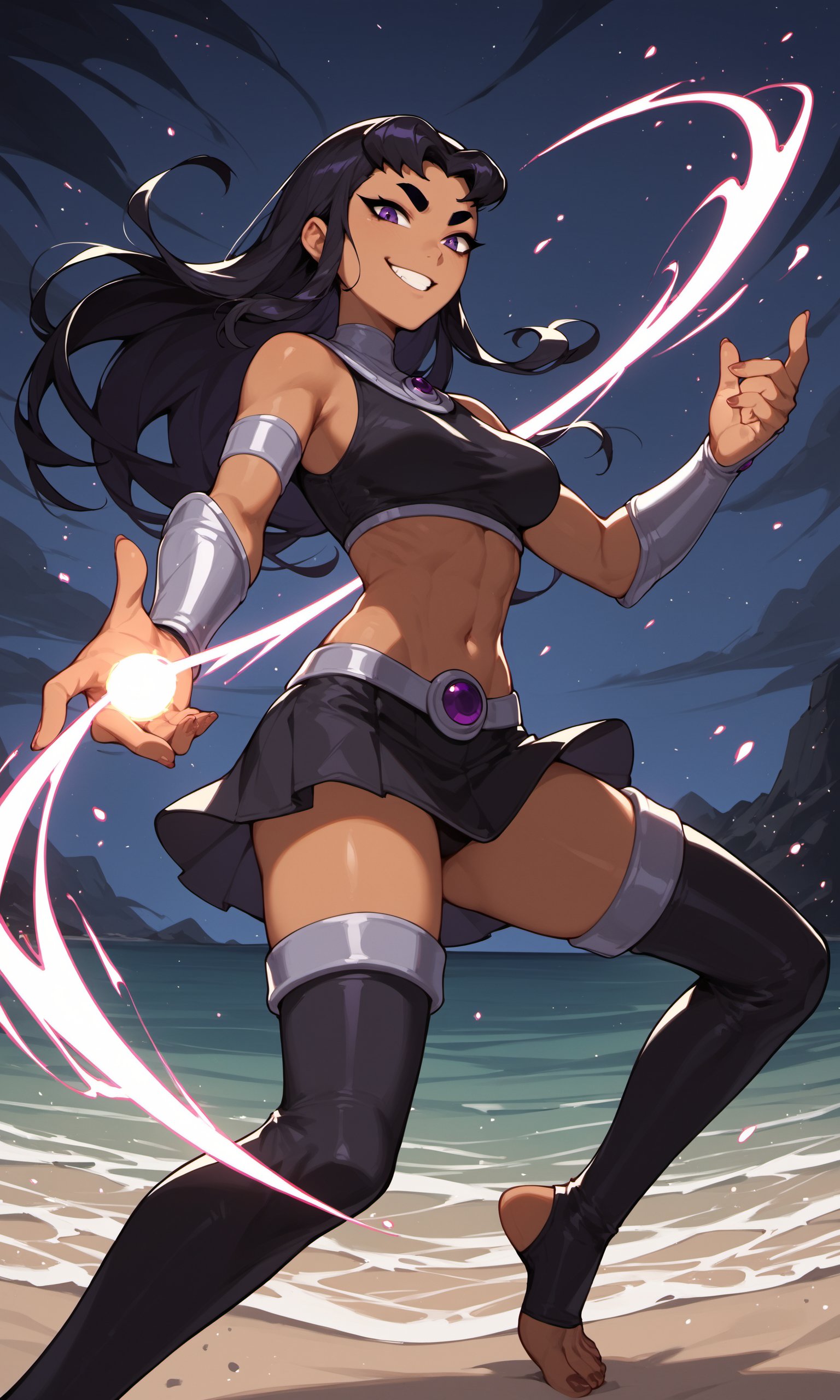 score_9, score_8_up, score_7_up, score_6_up, score_5_up, score_4_up,ExpressiveH,1girl,Blackfirev2.solo,long hair,black hair,dark violet eyes,dark skin,dark skin,thick eyebrows,thigh boots,black crop top,black skirt,black thighhighs,vambraces,smile,looking_at_viewer,toeless_socks,night,beach,evil,fight,magic