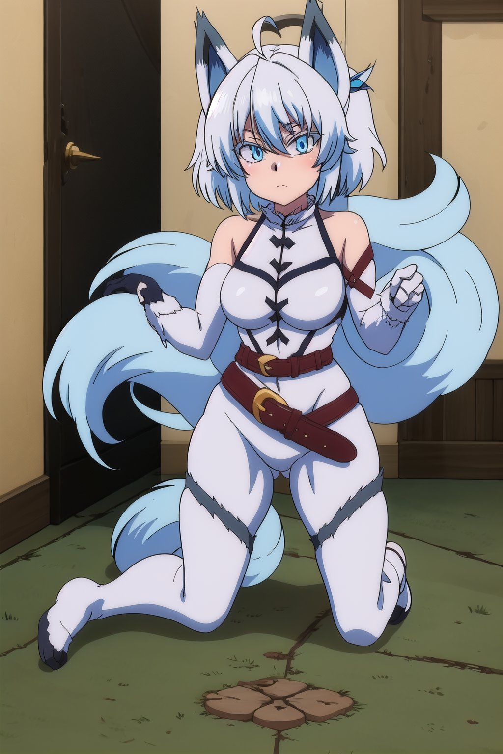 score_9, score_8_up, score_7_up, source_anime,healersetsuna, setsuna, blue eyes, animal ears, blue hair, ahoge, white hair, wolf ears, full body suit, tail, belt, wolf tail, high collar, interior room, stone chamber, looking at viewer, dutch angle, suit latex, white suit