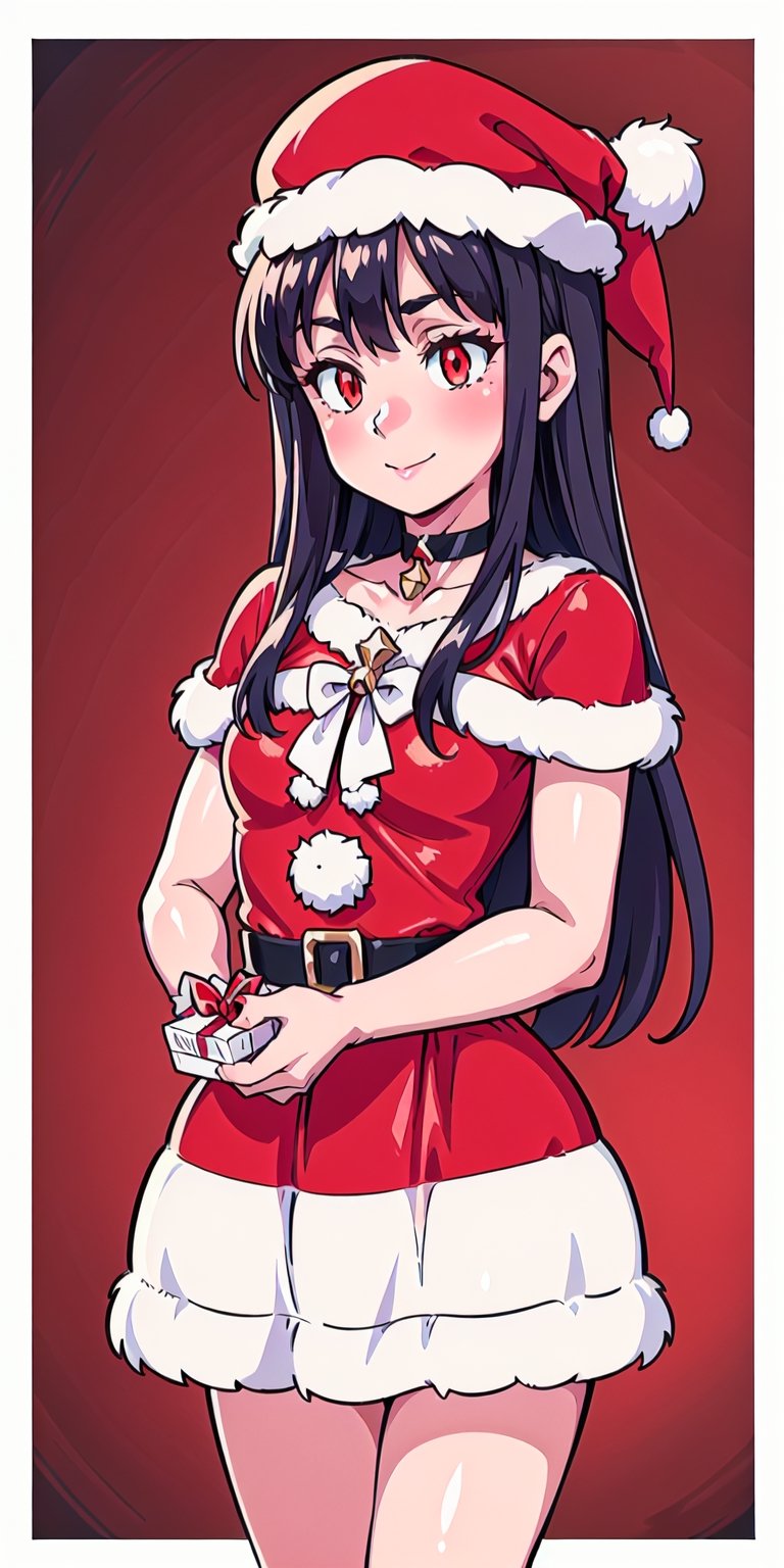 aaEve, The image shows a woman wearing a ((red dress and white Santa hat)).  The woman has long black hair and wears a red and white striped scarf around her neck.  She is smiling and holding a small gift box in her hand.  The background is a white wall with a red and white striped border.  The overall atmosphere of the image is joyful and festive, al1, holds, black angel wings, red eyes, choker on the neck, Christmas, Christmas tree, Santa's bikini, , evereese,Christmas