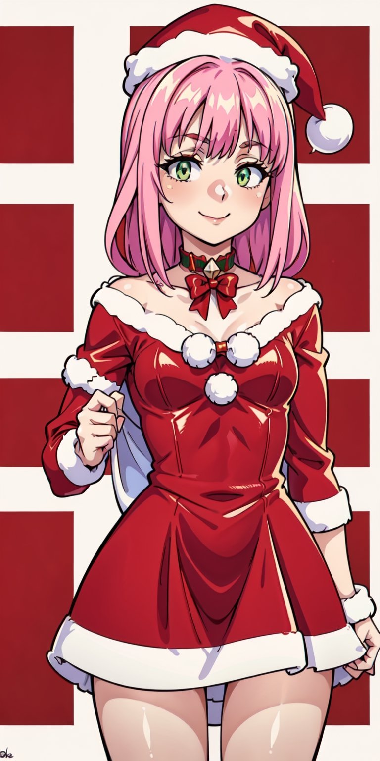 aanorn, The image shows a girl wearing a ((red dress and white Santa hat)).  The girl has cut pink hair and wears a red and white striped scarf around her neck.  She is smiling and holding a small gift box in her hand.  The background is a white wall with a red and white striped border.  The overall atmosphere of the image is joyful and festive, al1, green eyes, choker on the neck, Christmas, Christmas tree, Santa's bikini, aanorn, Norn