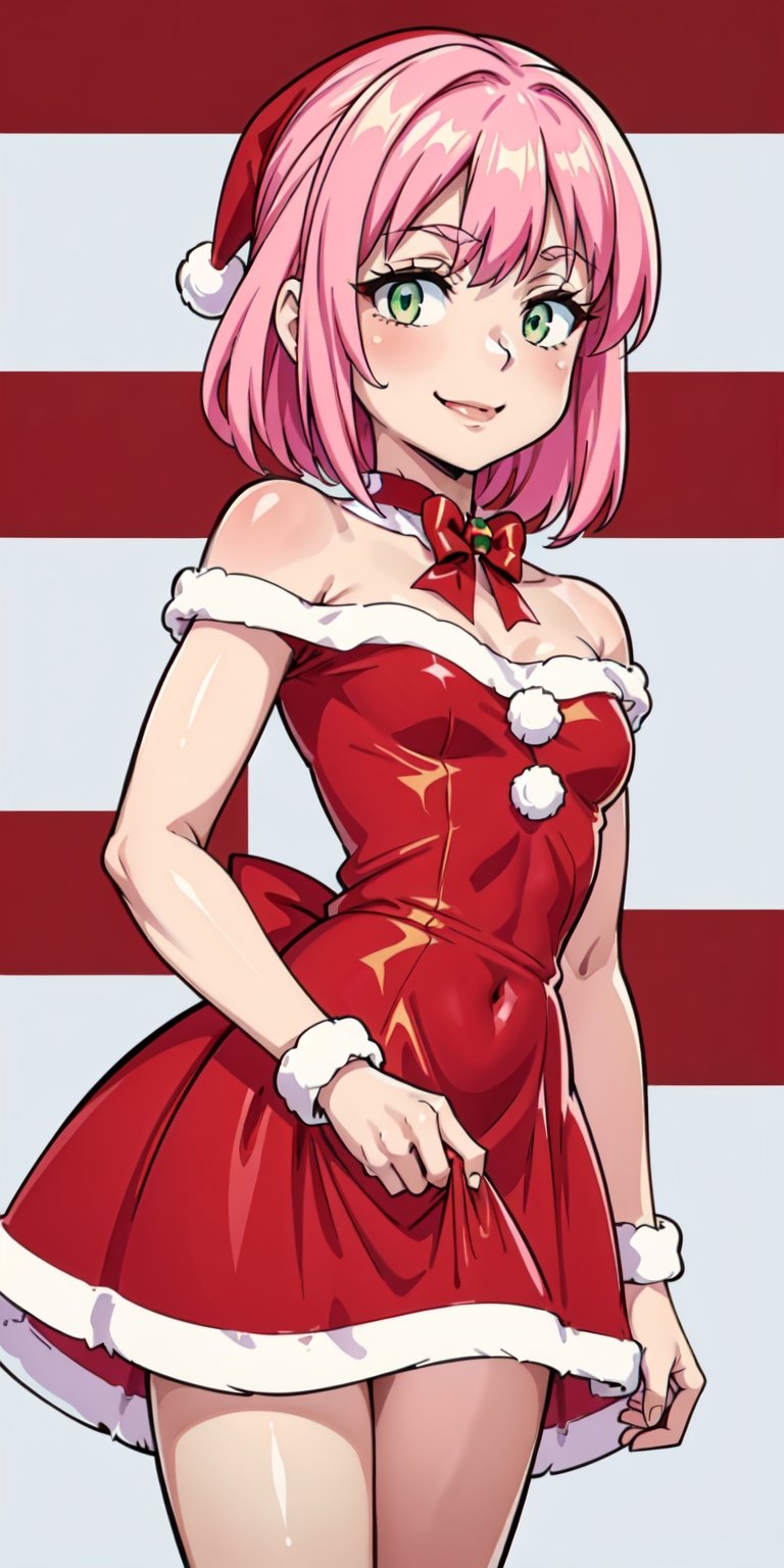 aanorn, The image shows a girl wearing a ((red dress and white Santa hat)).  The girl has cut pink hair and wears a red and white striped scarf around her neck.  She is smiling and holding a small gift box in her hand.  The background is a white wall with a red and white striped border.  The overall atmosphere of the image is joyful and festive, al1, green eyes, choker on the neck, Christmas, Christmas tree, Santa's bikini, aanorn, Norn