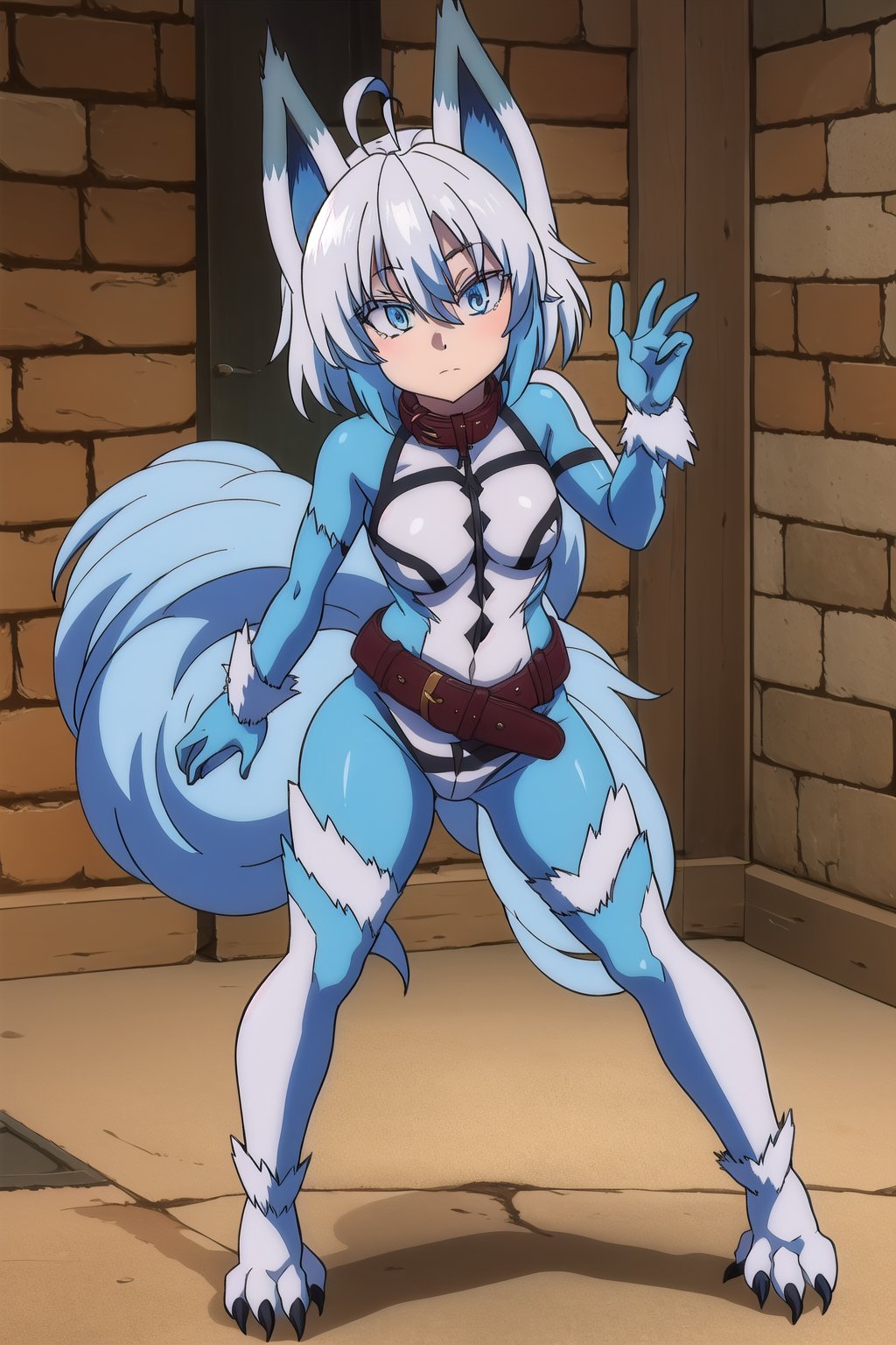 score_9, score_8_up, score_7_up, source_anime,healersetsuna, setsuna, blue eyes, animal ears, wolf feet, blue hair, ahoge, white hair, wolf ears, full body suit, tail, belt, wolf tail, high collar, interior room, stone chamber, looking at viewer, dutch angle, suit latex, black suit latex,