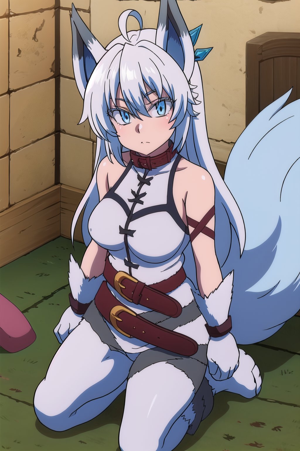 score_9, score_8_up, score_7_up, source_anime,healersetsuna, setsuna, blue eyes, animal ears, wolf feet, blue hair, ahoge, white hair, wolf ears, tail, belt, wolf tail, high collar, interior room, stone chamber, looking at viewer, dutch angle, suit latex, suit color black,