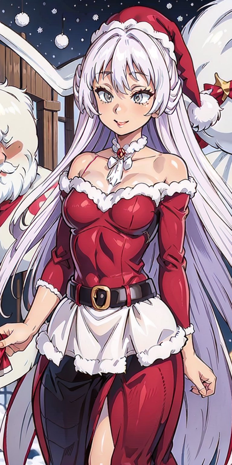 aaKureha, The image shows a woman wearing a ((red dress and white Santa hat)).  The woman has long silver hair and wears a red and white striped scarf around her neck.  She is smiling and holding a small gift box in her hand.  The background is a white wall with a red and white striped border.  The overall atmosphere of the image is joyful and festive, al1, holds a samurai katana, bule eyes, choker on the neck, Christmas, Christmas tree, Santa's bikini, ,kurehaclyret