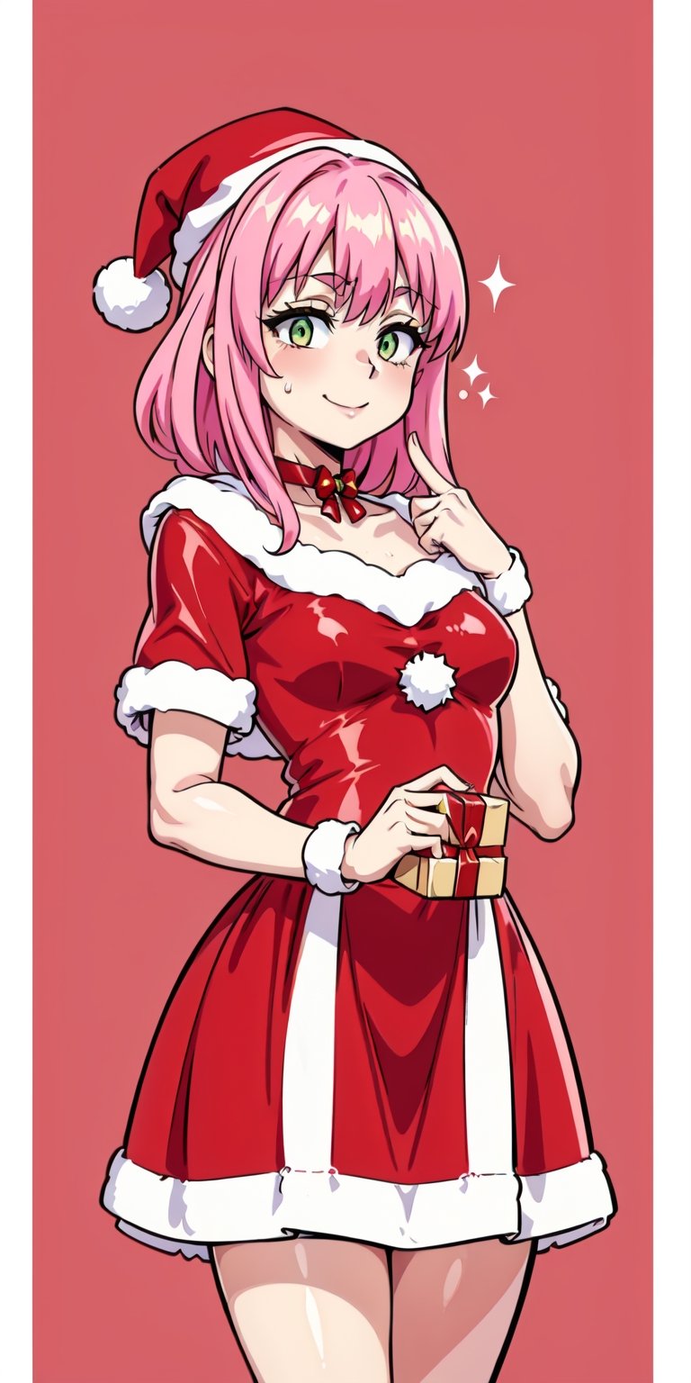 aanorn, The image shows a girl wearing a ((red dress and white Santa hat)).  The girl has cut pink hair and wears a red and white striped scarf around her neck.  She is smiling and holding a small gift box in her hand.  The background is a white wall with a red and white striped border.  The overall atmosphere of the image is joyful and festive, al1, green eyes, choker on the neck, Christmas, Christmas tree, Santa's bikini, aanorn, Norn