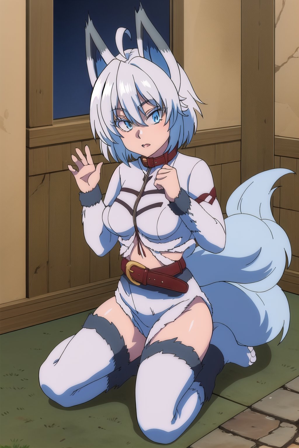 score_9, score_8_up, score_7_up, source_anime,healersetsuna, setsuna, blue eyes, animal ears, wolf feet, blue hair, ahoge, white hair, wolf ears, tail, belt, wolf tail, high collar, interior room, stone chamber, looking at viewer, dutch angle, suit latex, suit color blue,