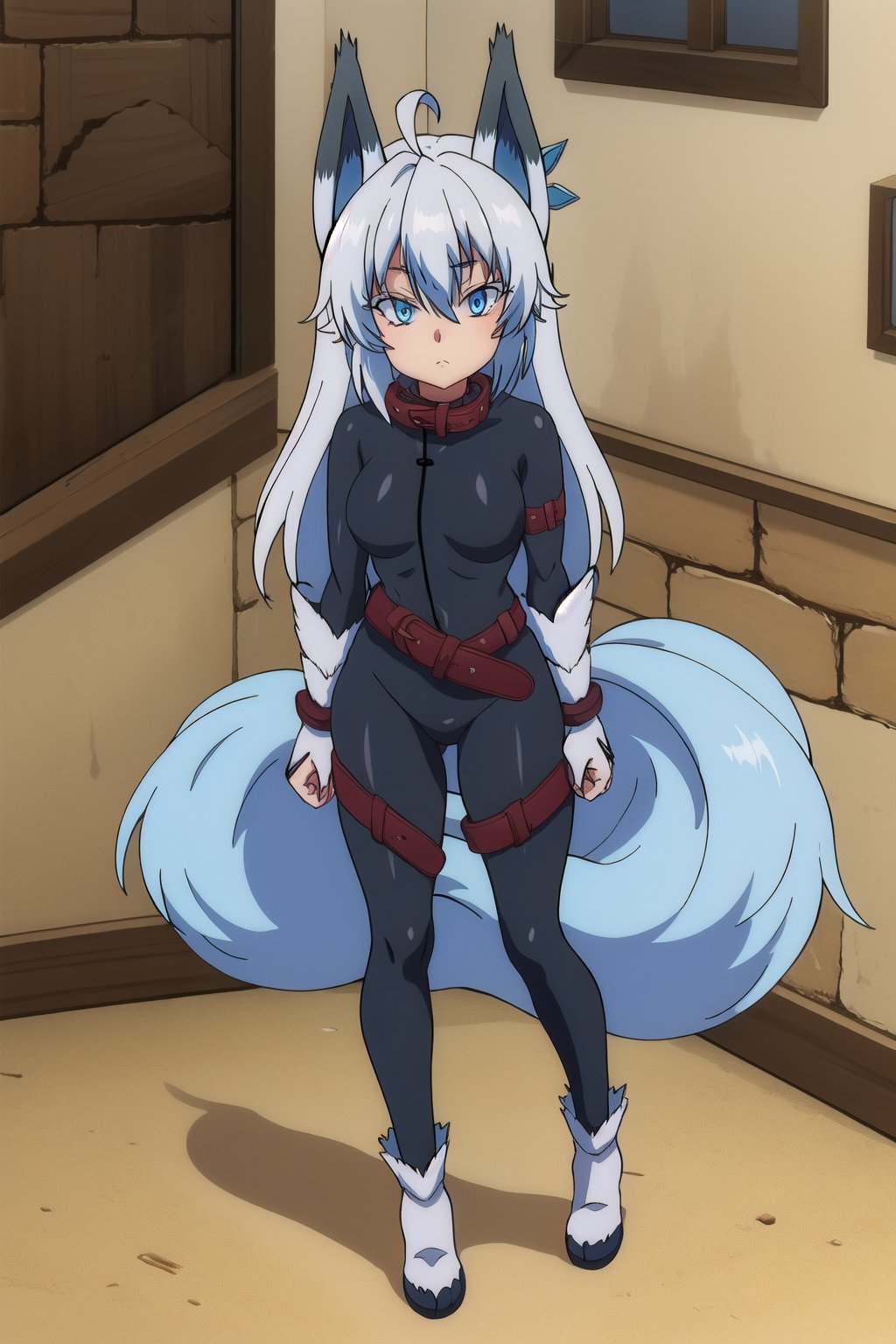 score_9, score_8_up, score_7_up, source_anime,healersetsuna, setsuna, blue eyes, animal ears, blue hair, ahoge, white hair, wolf ears, full body suit, tail, belt, wolf tail, high collar, interior room, stone chamber, looking at viewer, dutch angle, suit latex, black suit