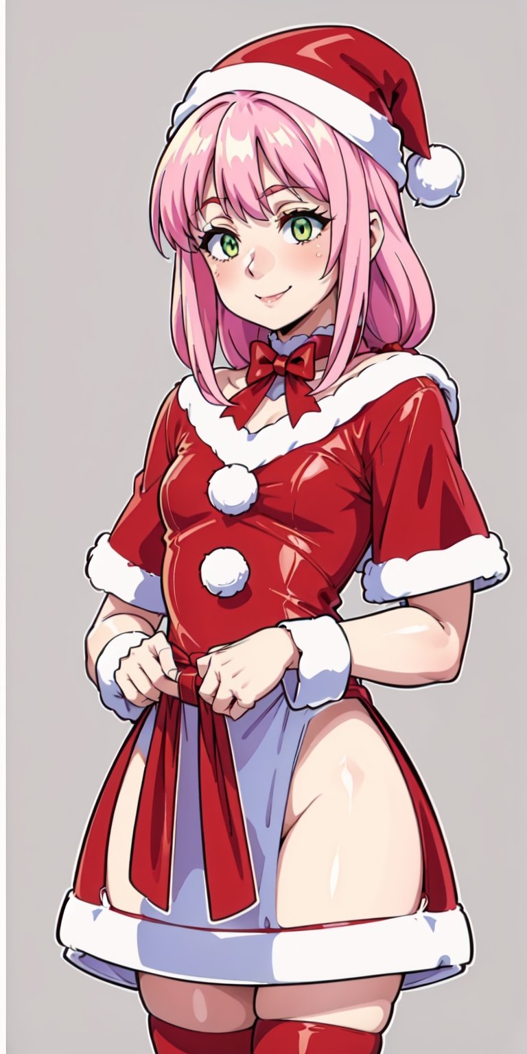 aanorn, The image shows a girl wearing a ((red dress and white Santa hat)).  The girl has cut pink hair and wears a red and white striped scarf around her neck.  She is smiling and holding a small gift box in her hand.  The background is a white wall with a red and white striped border.  The overall atmosphere of the image is joyful and festive, al1, green eyes, choker on the neck, Christmas, Christmas tree, Santa's bikini, aanorn, Norn