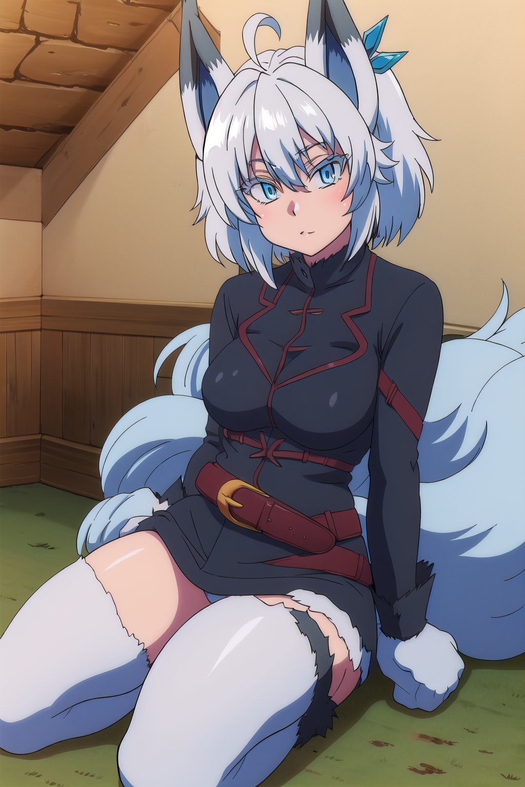 score_9, score_8_up, score_7_up, source_anime,healersetsuna, setsuna, blue eyes, animal ears, wolf feet, blue hair, ahoge, white hair, wolf ears, tail, belt, wolf tail, high collar, interior room, stone chamber, looking at viewer, dutch angle, suit latex, suit color black,