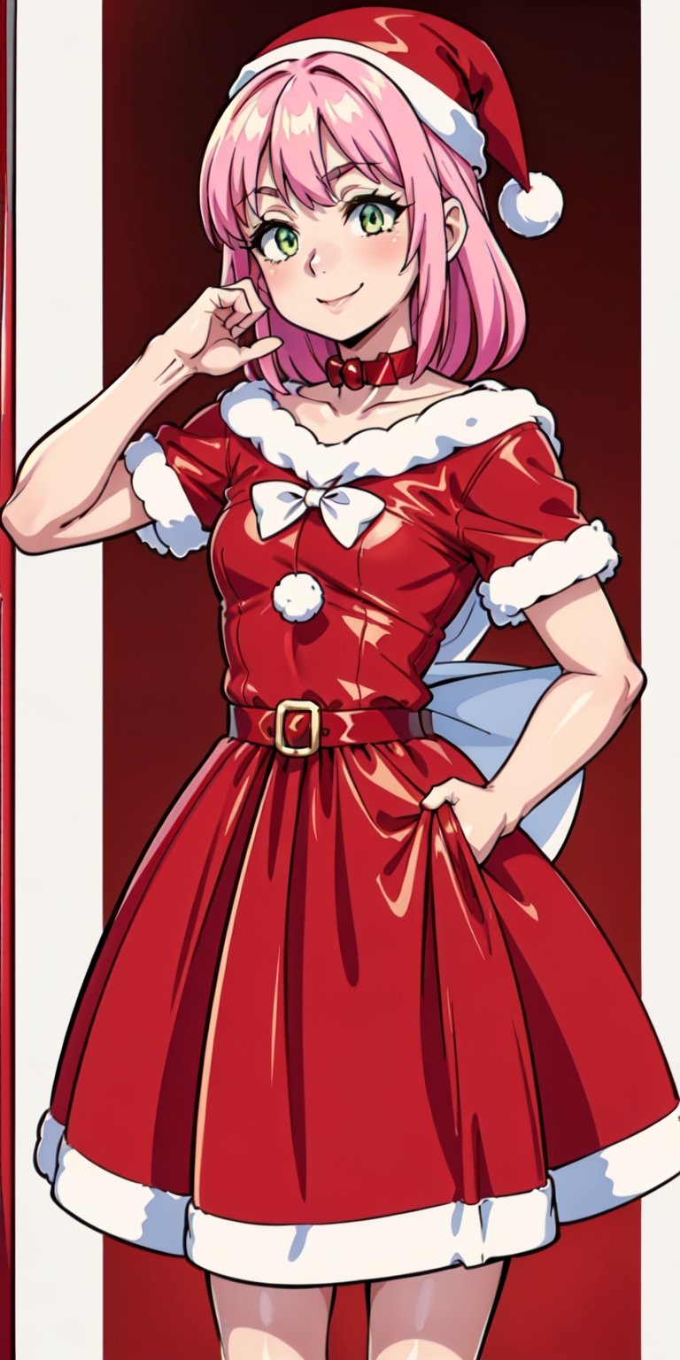 aanorn, The image shows a girl wearing a ((red dress and white Santa hat)).  The girl has cut pink hair and wears a red and white striped scarf around her neck.  She is smiling and holding a small gift box in her hand.  The background is a white wall with a red and white striped border.  The overall atmosphere of the image is joyful and festive, al1, green eyes, choker on the neck, Christmas, Christmas tree, Santa's bikini, aanorn, Norn