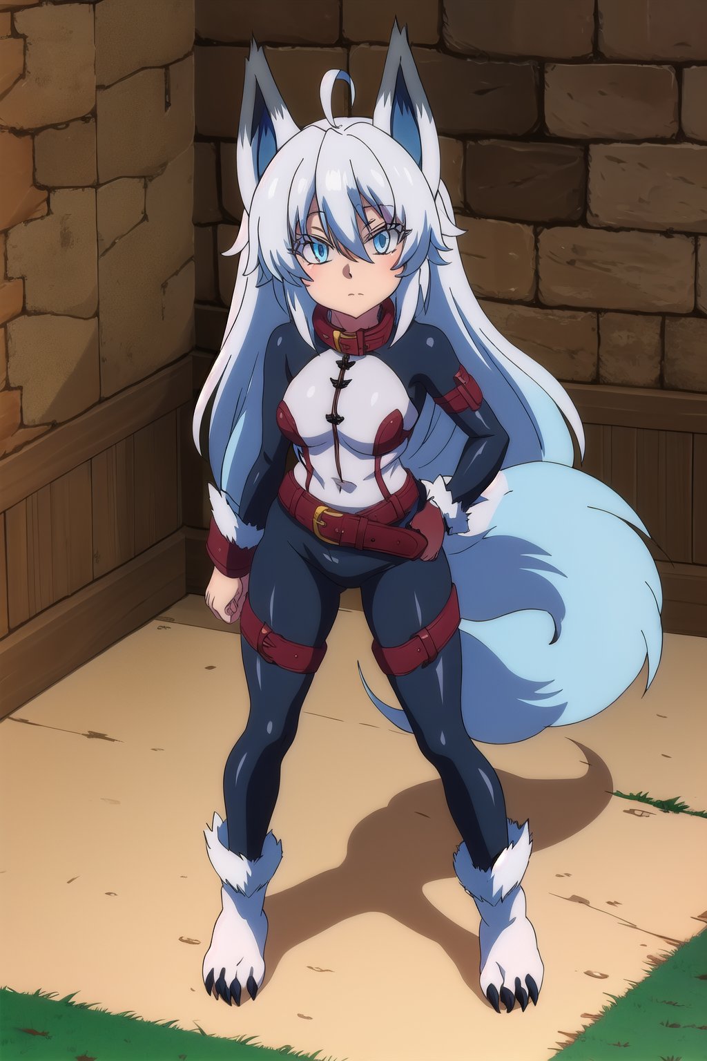 score_9, score_8_up, score_7_up, source_anime,healersetsuna, setsuna, blue eyes, animal ears, wolf feet, blue hair, ahoge, white hair, wolf ears, full body suit, tail, belt, wolf tail, high collar, interior room, stone chamber, looking at viewer, dutch angle, suit latex, suit color black,