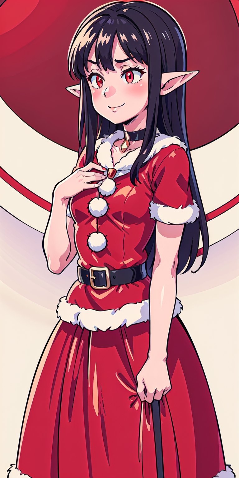 aaEve, The image shows a woman wearing a ((red dress and white Santa hat)).  The woman has long black hair and wears a red and white striped scarf around her neck.  She is smiling and holding a small gift box in her hand.  The background is a white wall with a red and white striped border.  The overall atmosphere of the image is joyful and festive, al1, holds, ((black angel wings on the back)), red eyes, pointed elf ears,pointed elf ears, choker on the neck, Christmas, Christmas tree, Santa's bikini, , evereese,Christmas