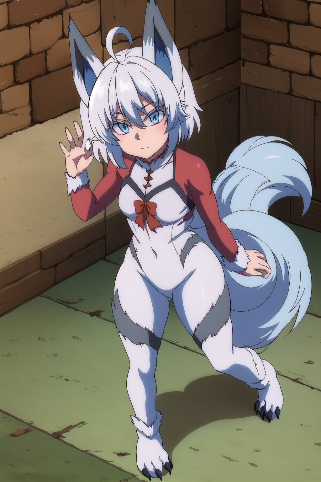 score_9, score_8_up, score_7_up, source_anime,healersetsuna, setsuna, blue eyes, animal ears, blue hair, ahoge, white hair, wolf ears, full body suit, tail, wolf tail, wolf feet, interior room, stone chamber, looking at viewer, dutch angle, suit latex, red suit