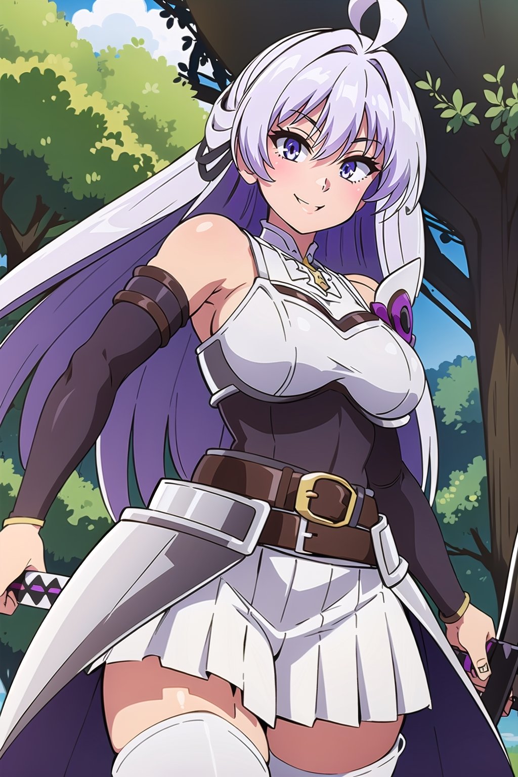 masterpiece, best quality, ultra-detailed, beautiful detailed eyes, extremely detailed eyes and face, 1girl, kurehaclyret, hair ribbon, armor, sword in hand, katana, breastplate, ahoge, elbow gloves, belt, white skirt, pleated skirt, thigh boots, purple footwear, ((large breasts)), standing, looking at viewer, smiling, forest, cowboy shot, upper body, 