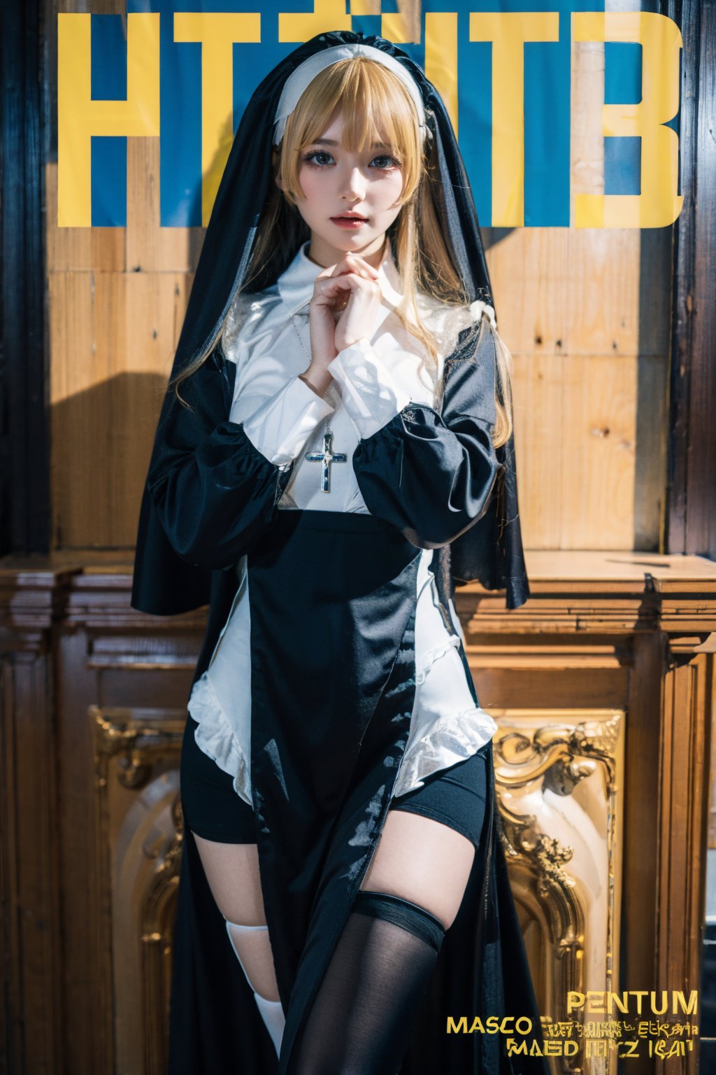 (masterpiece, best quality:1.2),
1girl,
(Dynamic pose:0.8),
(solo:1.5),
(cowboy shot:1.2),
(from side way:0.2),
(thigh:0.2),
(look at viewer:0.8),

illustration,realistic,photorealistic,tbnun, nun, ((nun suit)),veil, habit, pelvic curtain, thighhighs, cross necklace, covered navel, blonde hair, ((long hair)), bangs,  
((night,city)), ((indoor)),


look at viewer,
(wind:1.4),
(magazine cover title:1.4)  ,