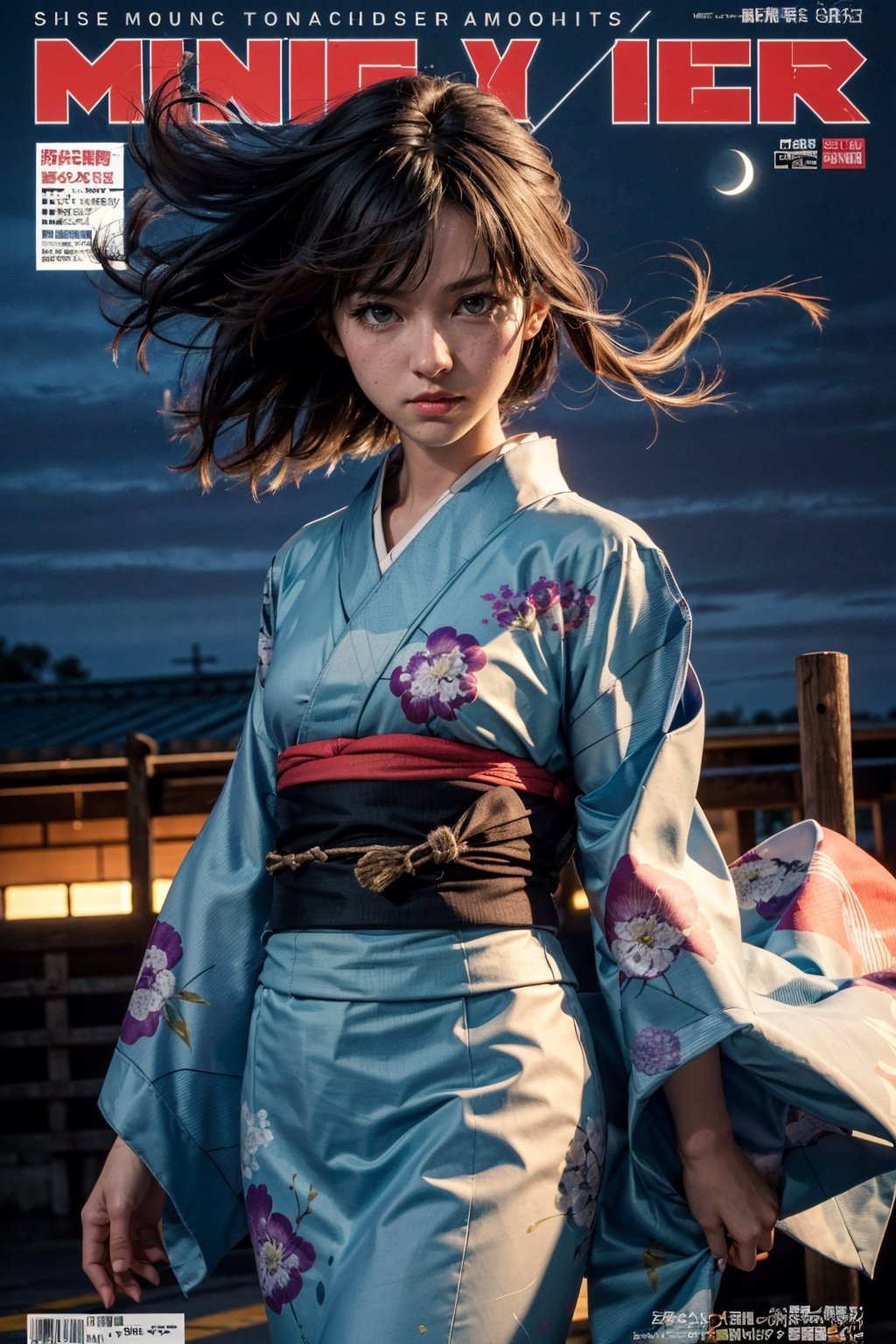(masterpiece, best quality:1.2), 
1girl, 
(Dynamic pose:0.8), 
(solo:1.5), 
(cowboy shot:1.2), 
(from top down:0.8),
(thigh:0.3), 

ryougi_shiki_karanokyoukai,
expressionless, closed mouth, 
(kimono:1.2), 
black eyes, looking at viewer, 


(wind:1.5), night,
(magazine cover title:1.2), 
(night city background:0.8),
night,moon,









