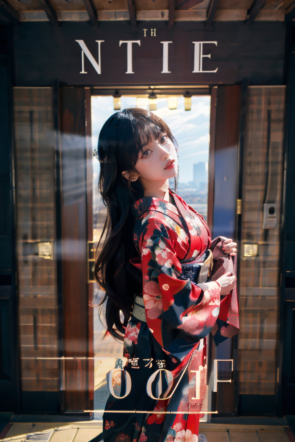 (masterpiece, best quality:1.2),
1girl,
(Dynamic pose:0.8),
look at viewer,
(solo:1.5),
(cowboy shot:1.2),
(from side way:0.2),
(thigh:0.2),


((( long hair))),
a photo of lalisamanoban,
((red kimono)),
((night,city,in door)),over city,


look at viewer,
(wind:1.4),
(magazine cover title:1.4) ,