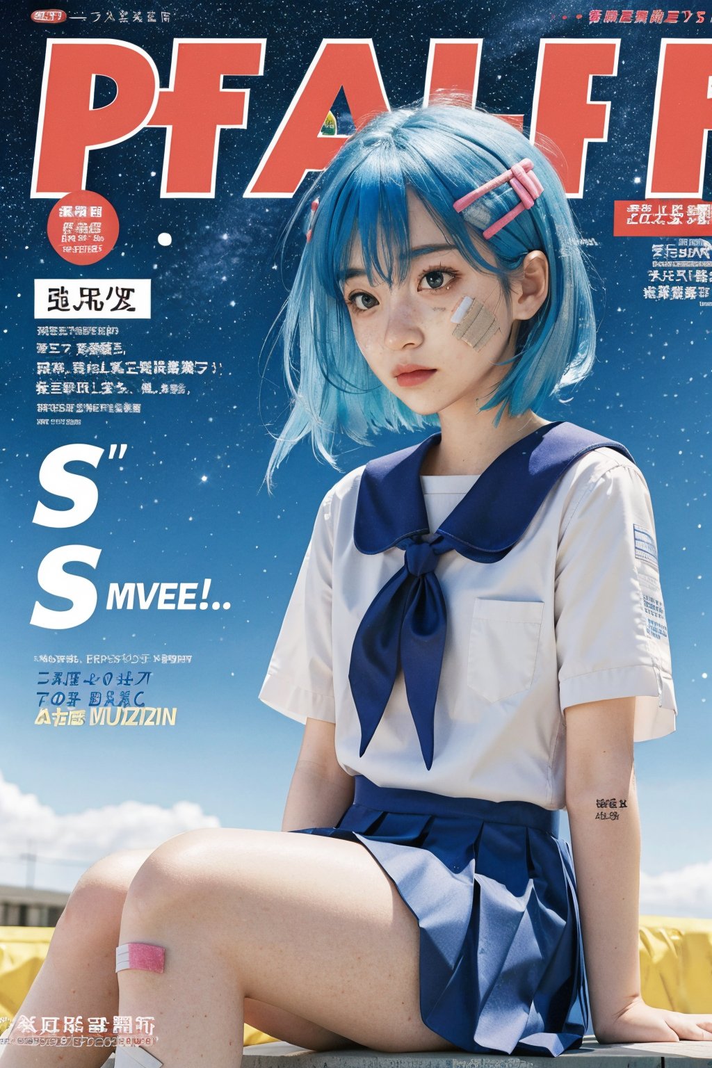 (masterpiece, best quality:1.2),
1girl,
(Dynamic pose:0.8),
(solo:1.5),
(cowboy shot:1.2),
(from side way:0.03),
(thigh:0.6),

earth-chan,blush, speech bubble, space, bandaid on face, star (sky), personification, bandages, serafuku, pleated skirt, hairclip, artist name,(((blue hair))), sitting,sad,

(floating hair:1.1),
(magazine cover title:1.3) ,More Detail,