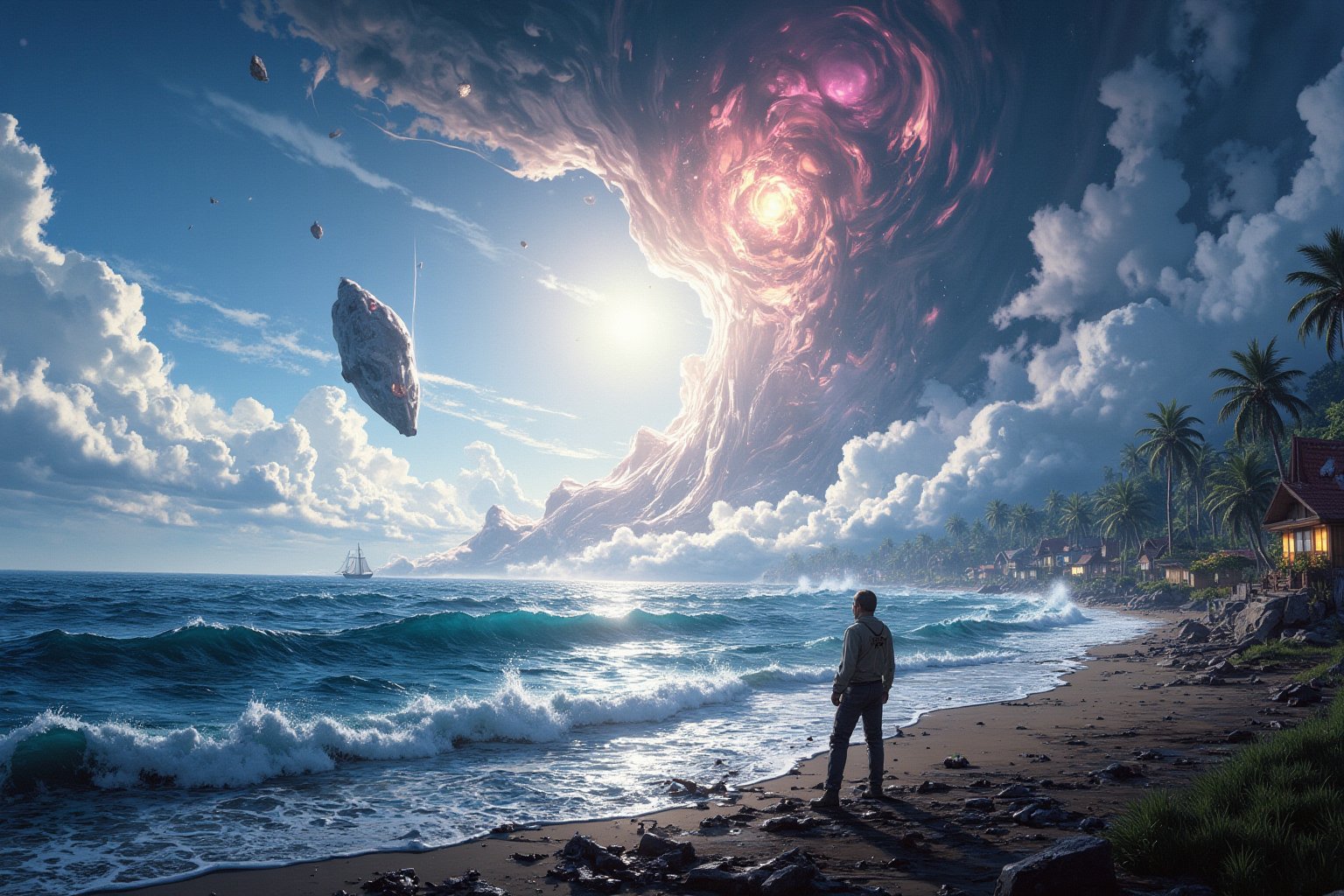 Masterpiece, (8K High Resolution), (Ultra High Resolution 3840 x 2160), (Ultimate Subjective), (12K Ultra High Resolution Wallpaper 8k). A captivating hyper-anime realistic 3D depiction of the aftermath of a massive meteorite impact in a serene coastal village. The scene shows the tranquil waters now disturbed, with waves crashing violently against the shore. The sky is filled with swirling clouds and remnants of the meteorite, while villagers look on in shock and disbelief. The contrast between the calm beauty of the sea and the chaos of the impact creates a powerful visual narrative.