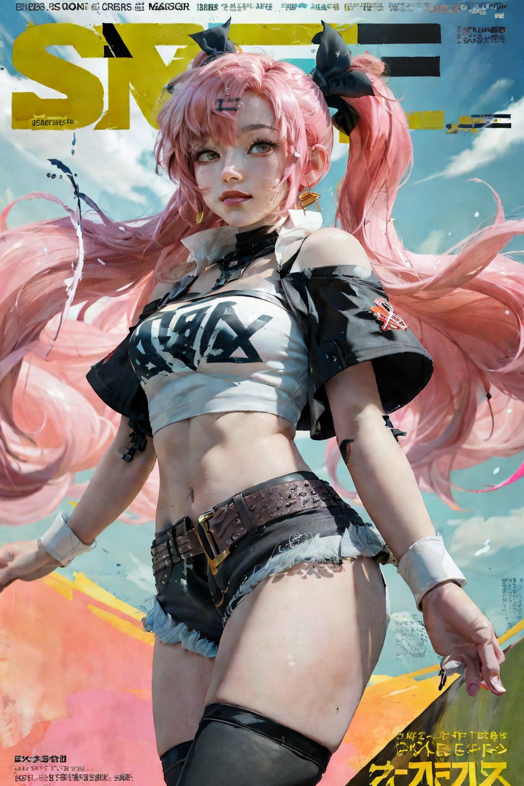 (masterpiece, best quality:1.2),
1girl,
(Dynamic pose:0.78),
(solo:1.5),
(cowboy shot:1.2),
(from side way:0.53),
(thigh:0.5),

nike,  hair ribbon, twintails, (pink hair), tube top, midriff, black shorts, (single thighhigh:1.2),



(floating hair:1.1),
(magazine cover title:1.3) ,More Detail,