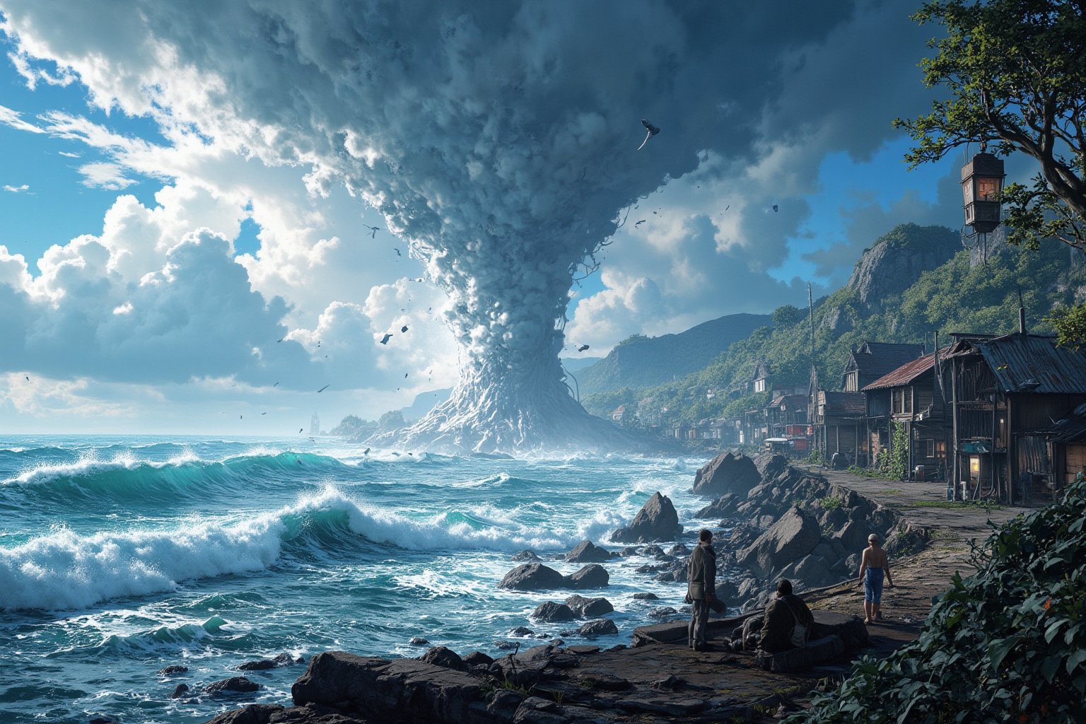 Masterpiece, (8K High Resolution), (Ultra High Resolution 3840 x 2160), (Ultimate Subjective), (12K Ultra High Resolution Wallpaper 8k). A captivating hyper-anime realistic 3D depiction of the aftermath of a massive meteorite impact in a serene coastal village. The scene shows the tranquil waters now disturbed, with waves crashing violently against the shore. The sky is filled with swirling clouds and remnants of the meteorite, while villagers look on in shock and disbelief. The contrast between the calm beauty of the sea and the chaos of the impact creates a powerful visual narrative.