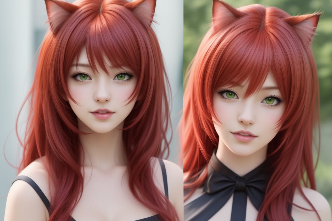 Cat Girl with red hair  realistic anime style 