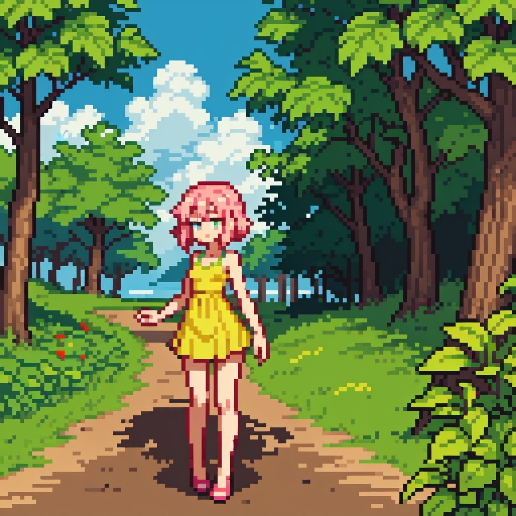 1girl, multicolored  pink hair, fullbody, pixel world,nature, forest, summer  yellow leaf, blue sky,Pixel art,Margav1-01V1