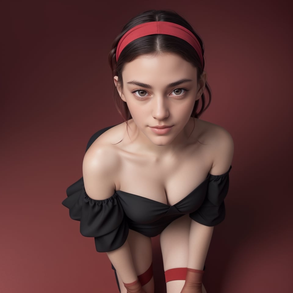 (full body), ((1 woman)), black hair, (detailed eyes), (red hairband), (hairband:1.3), long hair, side locks, bare shoulders, collarbone, dress, long sleeves, bare shoulders, off-the-shoulder dress, off-the-shoulder dress, pantyhose, dress, thigh-high stockings, BREAK interior cleavage, lying on the floor, view from above BREAK looking at viewer, BREAK (Masterpiece:1.2), best quality, high resolution, 8k Unity wallpaper, (artwork:0.8), (minimalist red background:1.5) (beautiful detailed eyes), extremely detailed face, perfect lighting, extremely detailed CG (perfect hands, perfect anatomy) , MagicPerez