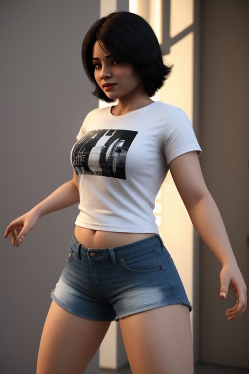 shadmanv1, solo, t-shirt, shorts, thick thighs, small breasts, mature female, volumetric lighting, light particles, upper body, looking at viewer,shadman