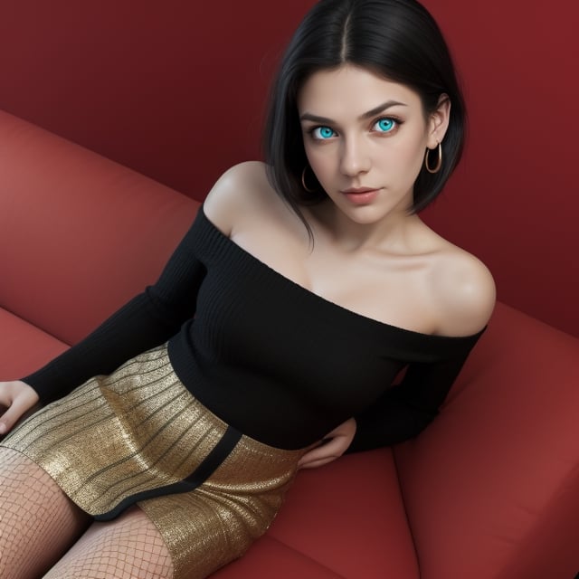 (full body), ((1 girl)), black hair, (red eyes:1.5), earrings, (gold hair band), (hair band), long hair, side locks,/, bare shoulders, clavicle, dress, long sleeves, off-shoulder, off-shoulder dress, off-shoulder sweater, pantyhose, fishnet sweater, sweater, sweater dress, thigh-high stockings, BREAK interior neckline, lying sofa, view from above BREAK looking at the spectator, BREAK (Masterpiece:1.2), Best Quality, High Resolution, 8k Unity wallpaper, (artwork 0.8), (minimalist red background:1.5) (beautiful detailed eyes:1.6), extremely detailed face, lighting perfect, extremely detailed CG (perfect hands, perfect anatomy),CamiCamTA