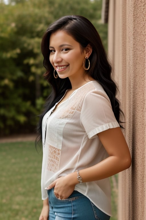 sole_female,  solo,  long hair,  looking at viewer,  smile,  shirt,  black hair,  jewelry,  white shirt,  short sleeves,  earrings,  bracelet,  hoop earrings,  photo background,  
,VaneL