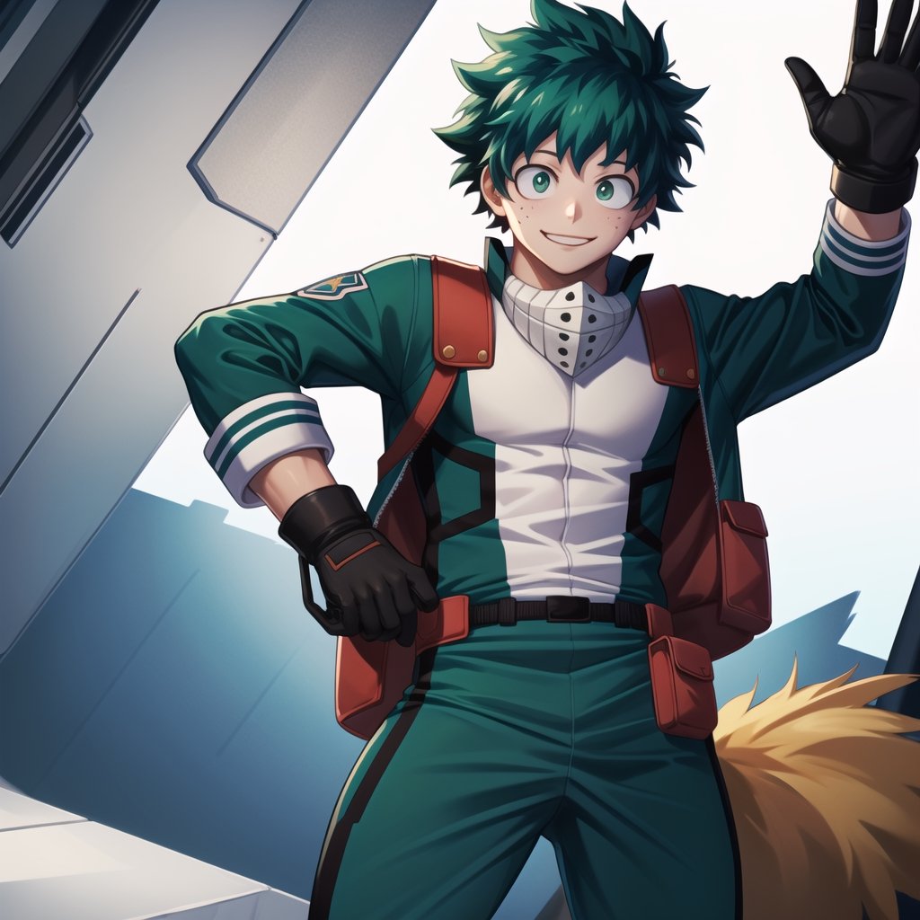 (masterpiece, best quality:1.2), , cowboy shot, solo, male focus, 1boy, midoriya izuku, smile, looking at viewer, short green hair, green eyes, green briefs, gloves,midoriya izuku