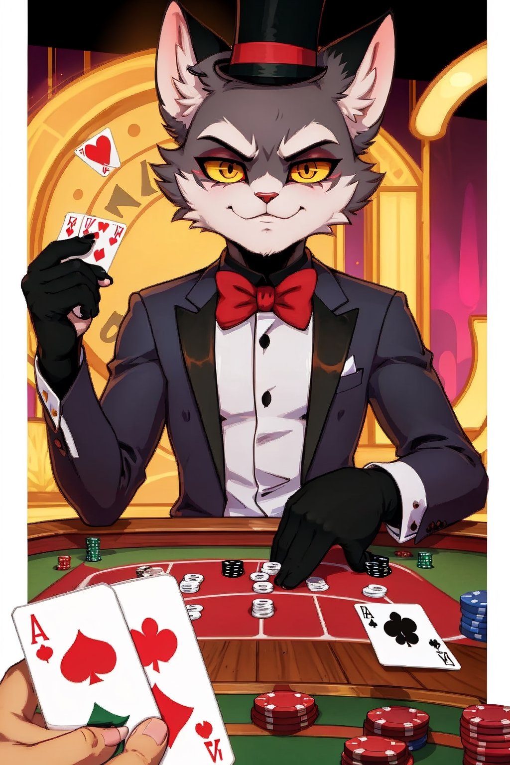 hazbin,Husk is an anthropomorphic avian cat demon. His look is evocative of a magician, paired with a casino referencing playing card theme. The sclera of his eyes are black, with light yellow irises and slit pupils,black body