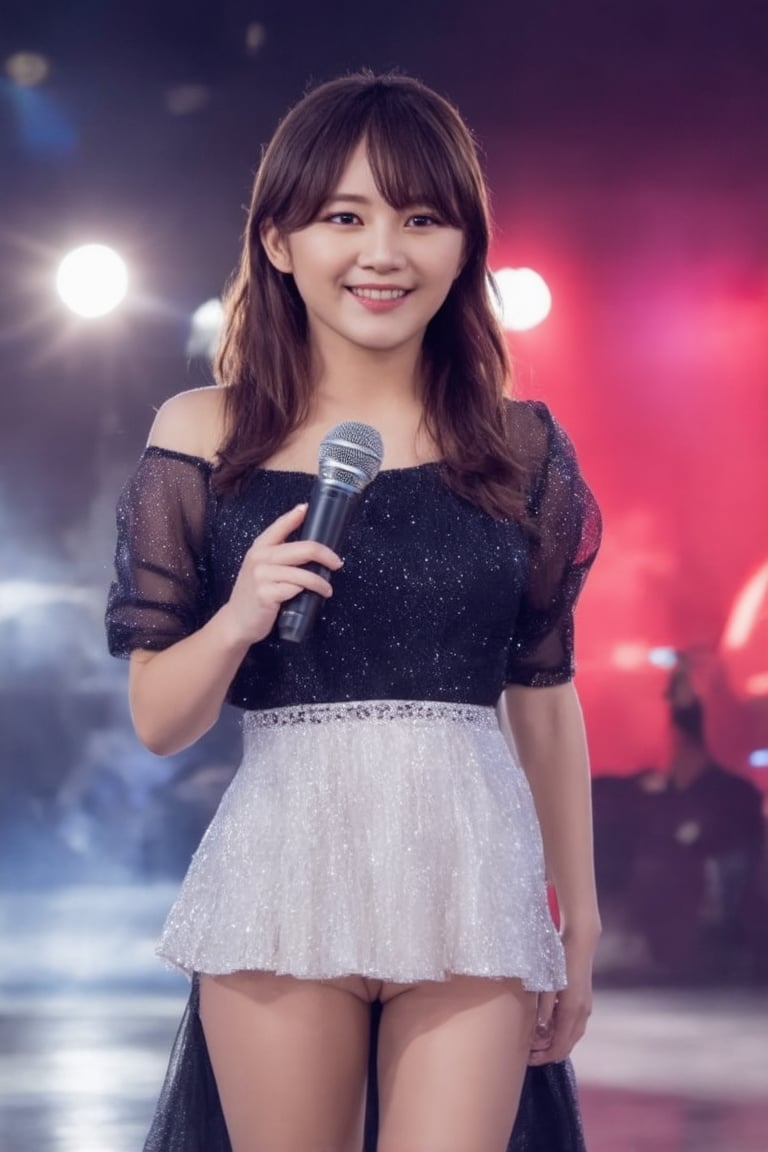 A glamorous K-pop star stands center stage, exuding elegance and charm. The scene is set in a grand concert hall, with spotlights creating a dramatic effect, highlighting her flawless makeup and luxurious attire. She poses with a confident smile, holding a microphone, her posture reflecting poise and sophistication. The background is filled with vibrant, colorful lights, enhancing the atmosphere of a high-energy performance. The composition captures her star power and the electrifying ambiance of a K-pop concert.