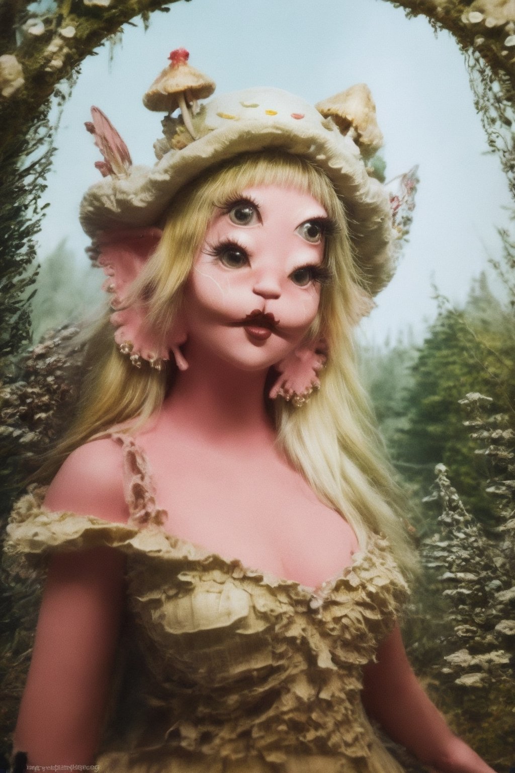 masterpiece, best quality, ultra-detailed, illustration, beautiful detailed, depth of field, woman is in enchanted forest, wearing flower dress, with mushroom hat, upper_body, butterfly_hair_ornament