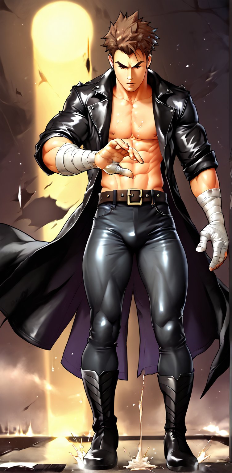 Highly detailed animation of (Kenshiro from Hokuto No Ken:1.5) standing in a post-apocalyptic scenario, by Tetsuo Hara, Tall, beautiful and athletic male warrior, (short upright brown hair on top, reaching down to the nape of the neck:1.3), (tight-fitting sleeveless black leather jacket:1.5), (bandaged forearms:1.5), thick leather belt cinched at waist, slim fit jeans, black knee-high boots. Muscular, imposing figure, powerful arms, graceful and fluid movements, brown eyes, thick eyebrows, square jaw and intense kind gaze, martial warrior pose,(perfect hands:1.3),perfect body proportions,(full body shot) BREAK (anime vibes),rule of thirds, masterpiece, HDR, trending on artstation, sharp focus,high contrast,8K,Hyper-detailed,intricate details,cinematic lighting,ani_booster,art_booster,real_booster,