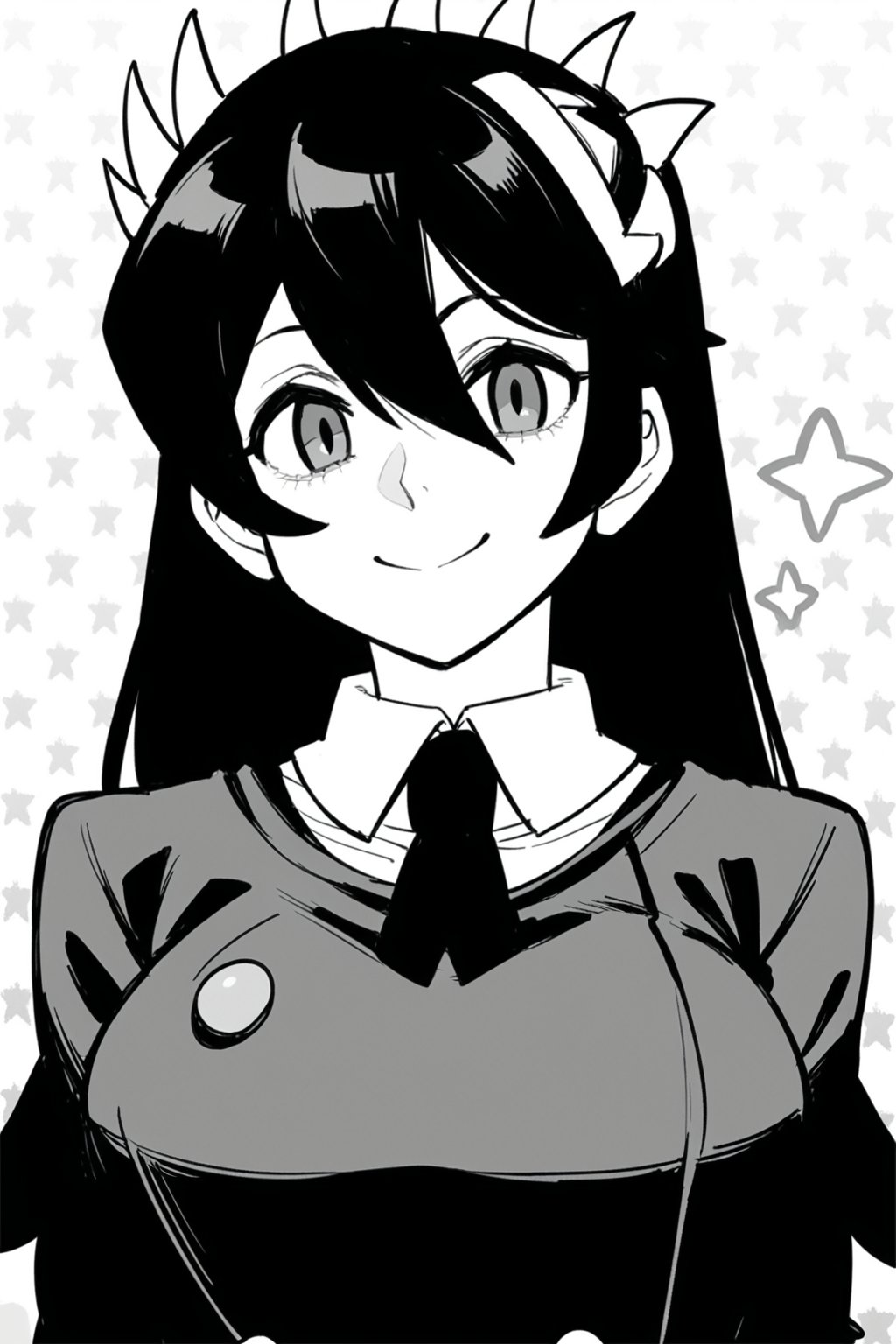 score_9, score_8_up, score_7_up, score_6_up, score_5_up, score_4_up, 2d, sketchy, manga,fujichai, monochrome, 1girl,long hair, filia (skullgirls), thinning hair, spikes in hair, smile, looking at viewer, shadowed background, BREAK source_anime 