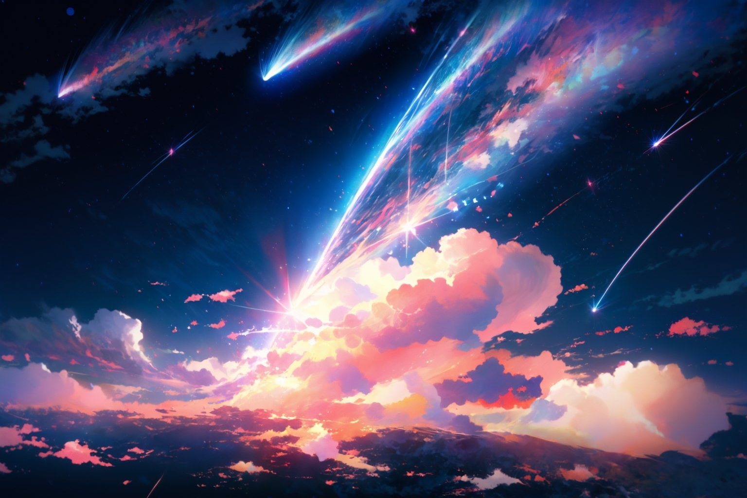 shinkai makoto, kimi no na wa., cloud, cloudy sky, comet, light, night, night sky, no humans, outdoors, 