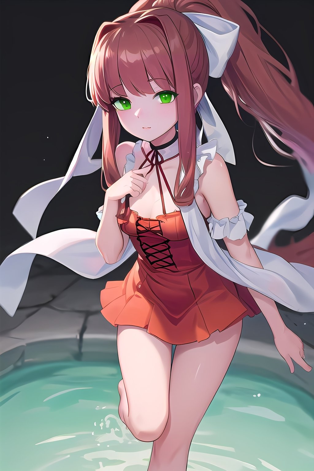 Solo_girl, perfect_face, high_detailed_skin, skin_pores, cinematic_lighting, full_body, DDLCMONIKA, BLUNT BANGS, BROWN HAIR, (GREEN EYES:1.5), LONG HAIR, PONYTAIL, RIBBON, WHITE RIBBON, HAIR RIBBON, SIDELOCKS,