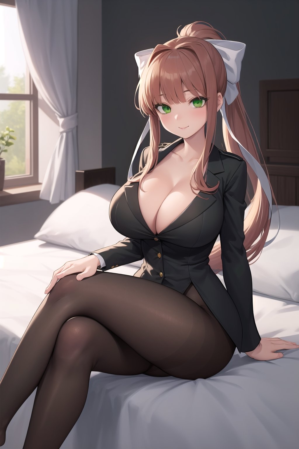 Sit on bed, (huge body:1.4), :), (crossed legs:1.4), (high quality Eyes:1.2), huge hips, looking at viewer, from right side, cleavage, uniforms, :) , beautiful Eyes, 4k eyes, (pantyhose1. 1), milfication, milf, mature female, DDLCMONIKA,  BROWN HAIR,  BLUNT BANGS, (GREEN EYES:1.5),  PONYTAIL, RIBBON,  WHITE RIBBON,  HAIR RIBBON,  SIDELOCKS.