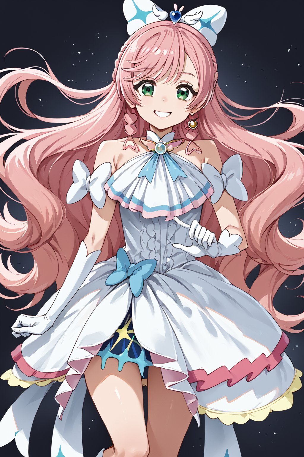 score_9,source_anime,,rating_explicit,girl,dark grey background
cureprism, soaring sky! pretty cure, pink hair, green eyes
gloves, white gloves, magical girl, jewelry, hair ornament, earrings, dress, bare shoulders,smile,thighs
