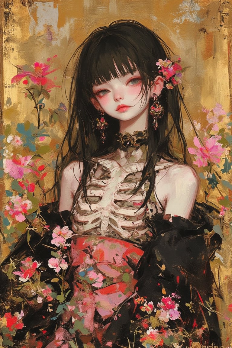 a painting in a rough touch of dal style, a woman with a skeleton on her chest and flowers in the background, surrounded by ornate gold leafed paper that looks like it is made out of japanese calligraphy or some other type of art
