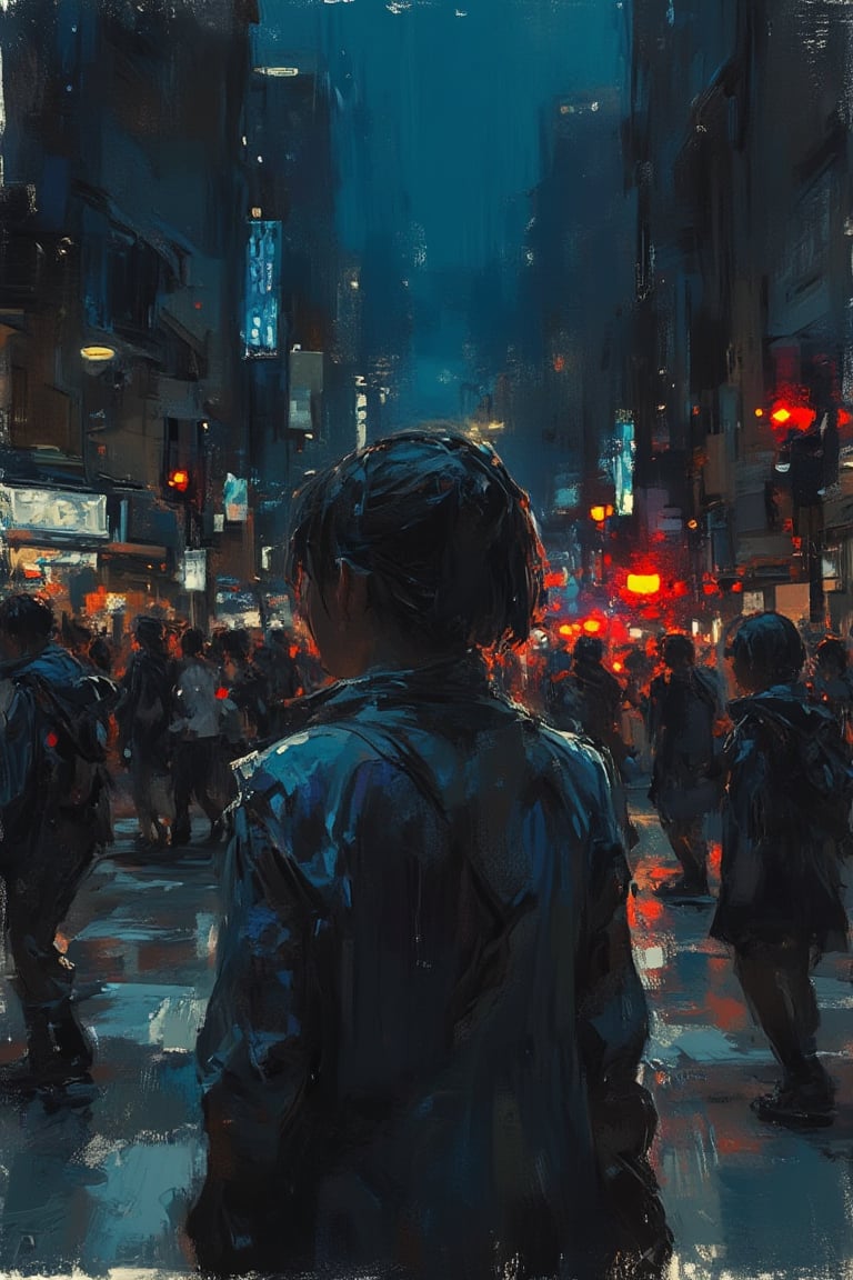 a painting in a rough touch of dal style, a woman walking down the street at night with raindrops falling from the sky and traffic lights in the background, as well as some people standing on the side of the road waiting for the light to change so they can cross the street
