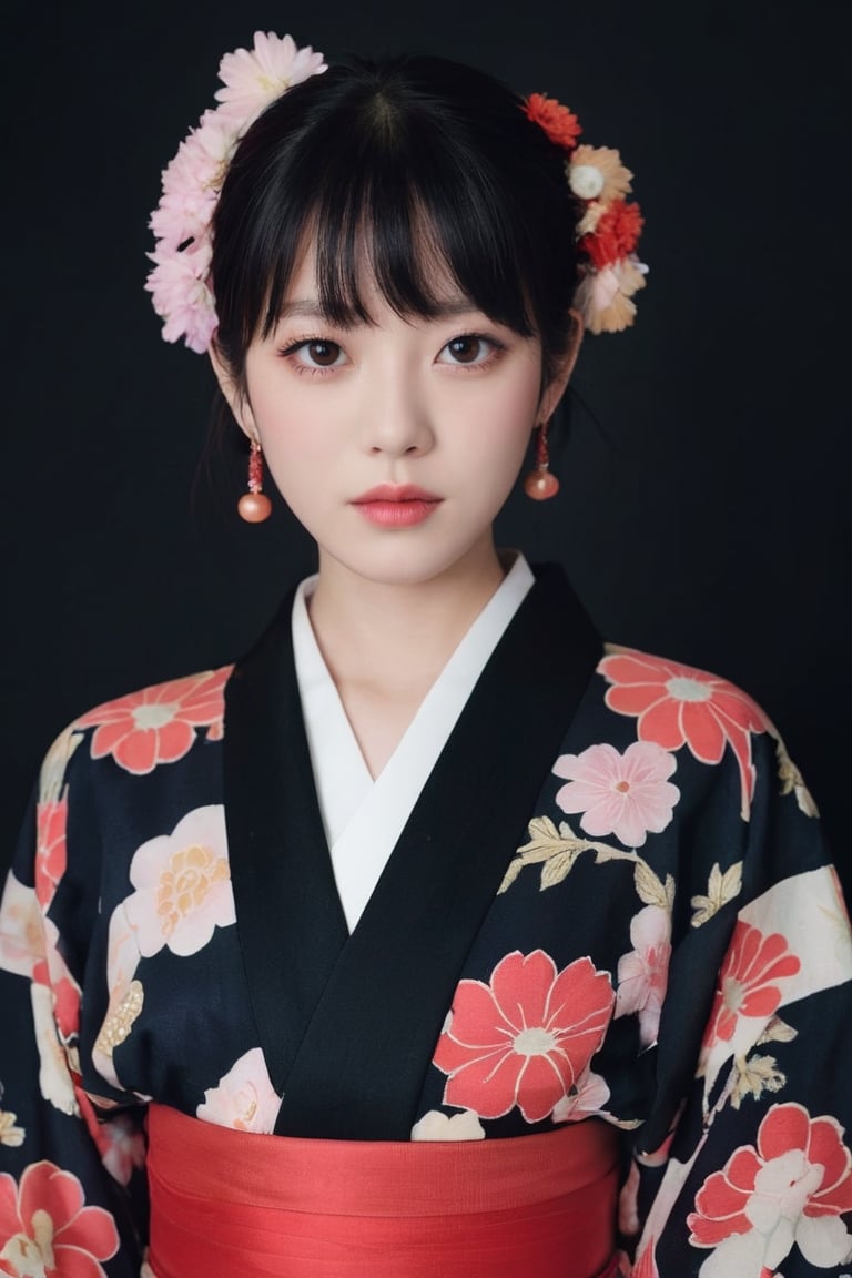 photo of a dal girl, 1girl, solo, looking at viewer, blush, short hair, black hair, long sleeves, hair ornament, red eyes, closed mouth, jewelry, braid, earrings, japanese clothes, blunt bangs, wide sleeves, kimono, sash, floral print, obi, black background, dragon, print kimono, chinese zodiac, black kimono, egasumi, eastern dragon, seigaiha
