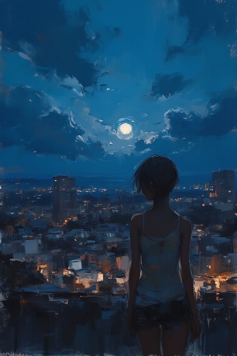 a painting in a rough touch of dal style, a girl standing on top of a ledge with the city in the background, looking out at the night sky and moonlight shining through the clouds

