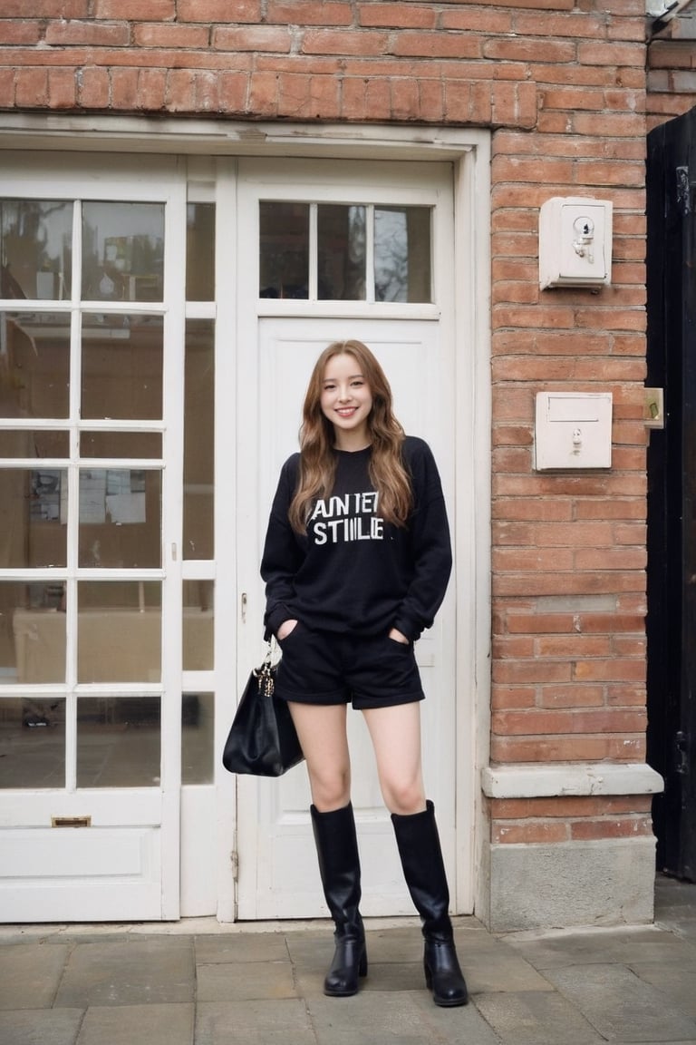 dal,  photo,   1girl, solo, long hair, looking at viewer, smile, brown hair, long sleeves, brown eyes, jewelry, standing, rings, boots, outdoors, shorts, day, bag, black footw, sweater, english text, lips, window, black shorts, handbag, realistic, door, wall, brick wall, poster (object), photo background