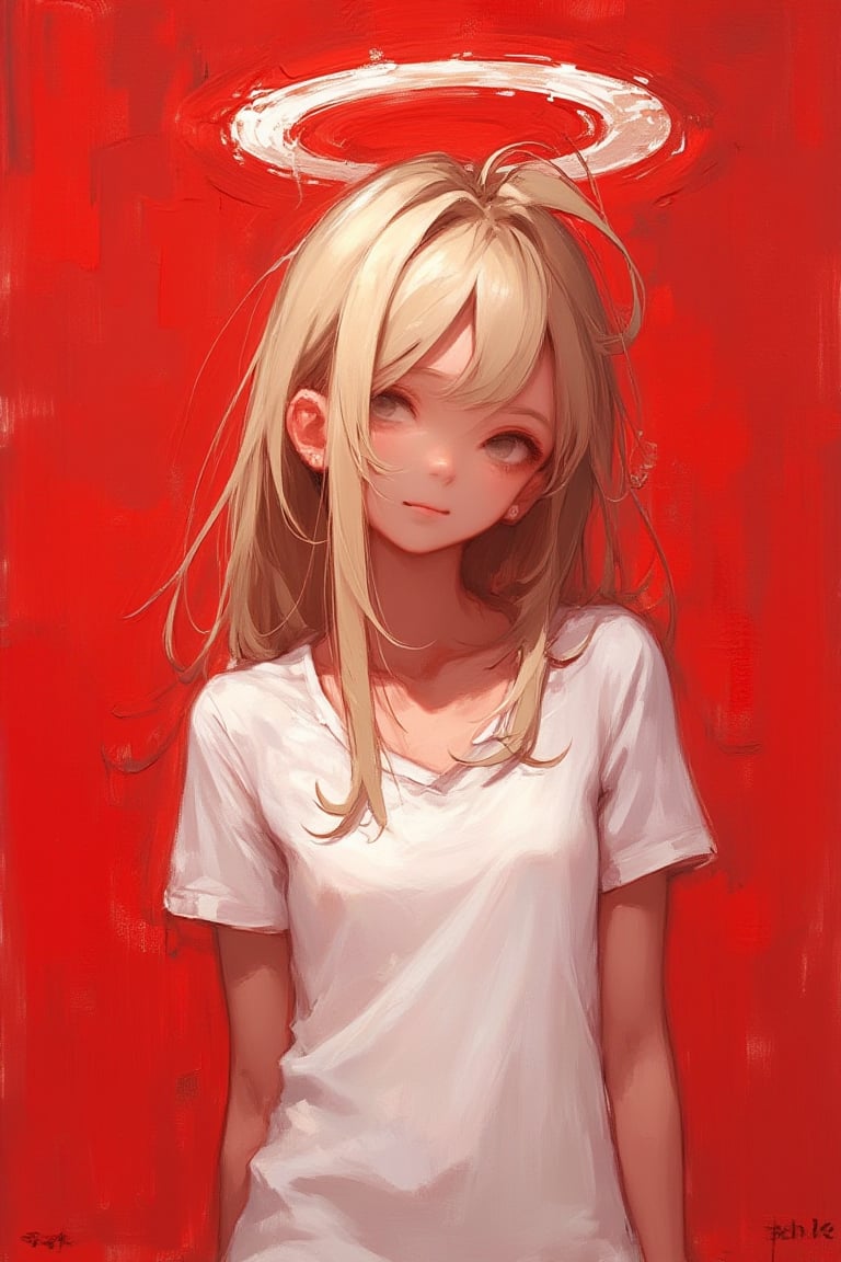 a painting in a rough touch of dal style, an anime girl with long blonde hair wearing a t - shirt and an angel halo on her head is standing in front of a red background, looking away from the camera