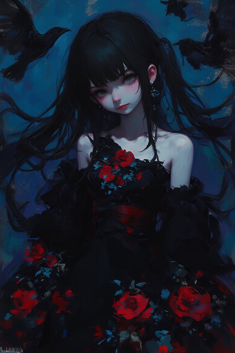 a painting in a rough touch of dal style, a gothic anime girl with long black hair and red roses on her dress is standing in front of a starry night sky, surrounded by crows
